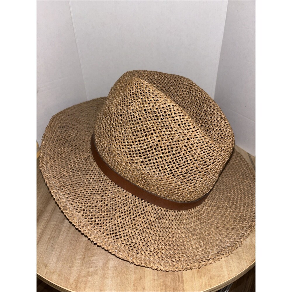 Vintage Walt Disney World Parks Adult Straw Hat With Faux Leather Strap 1990's